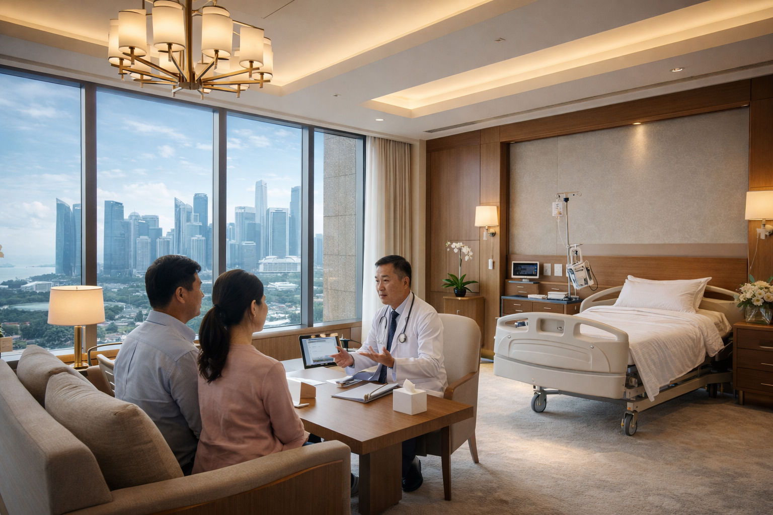 Không gian bệnh viện cao cấp tại Singapore với thiết kế sang trọng, phòng điều trị hiện đại dành cho bệnh nhân điều trị CAR-T liệu pháp tế bào miễn dịch ung thư