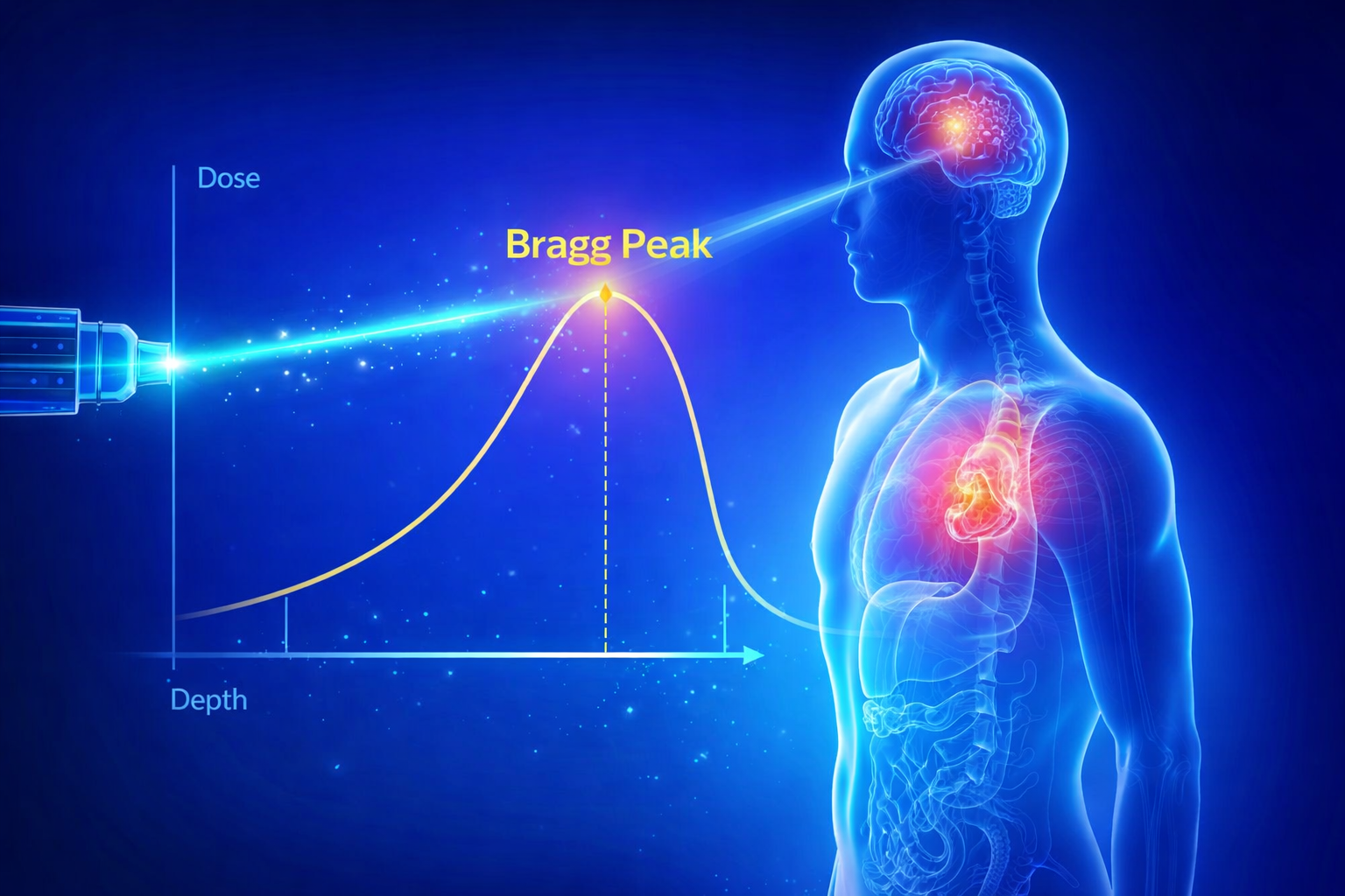 Minh họa cơ chế hoạt động của xạ trị proton với hiệu ứng Bragg Peak, proton tập trung năng lượng chính xác tại khối u và bảo vệ mô lành trong điều trị ung thư tại Singapore.