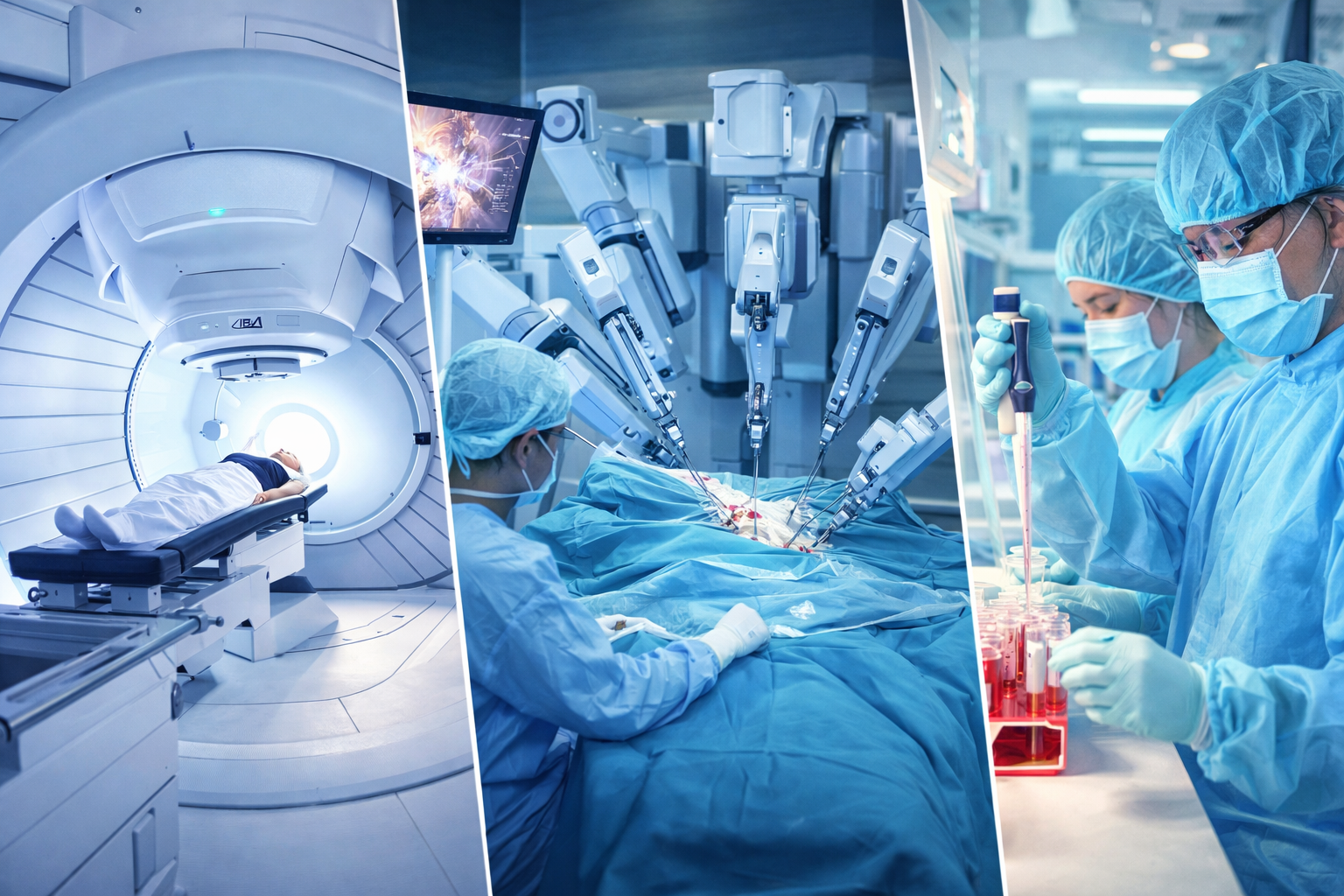 Hình ảnh công nghệ điều trị tiên tiến tại Singapore gồm xạ trị Proton, phẫu thuật robot Da Vinci, liệu pháp CAR-T và phẫu thuật tim ít xâm lấn MICS chưa phổ biến tại Việt Nam.