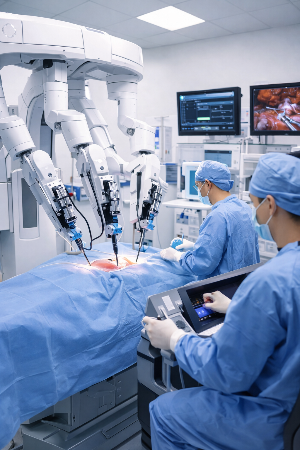 Bác sĩ thực hiện phẫu thuật robot ít xâm lấn tại bệnh viện Singapore bằng hệ thống da Vinci hiện đại