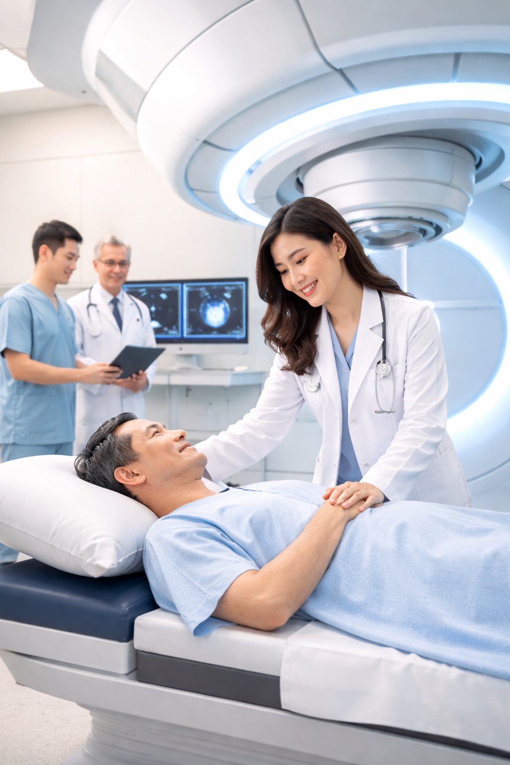 Bác sĩ thực hiện xạ trị Proton tại bệnh viện Singapore cho bệnh nhân ung thư với công nghệ chính xác cao