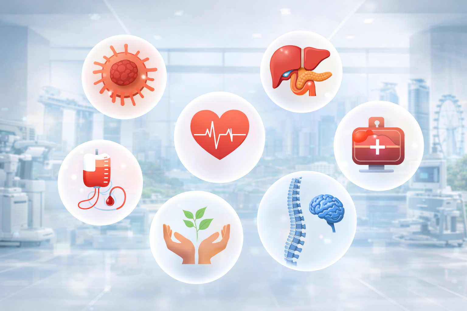 Các chuyên khoa điều trị tại Singapore gồm ung thư, tim mạch, gan mật tụy, ung thư máu, ghép tạng và thần kinh cột sống trong bệnh viện quốc tế hiện đại