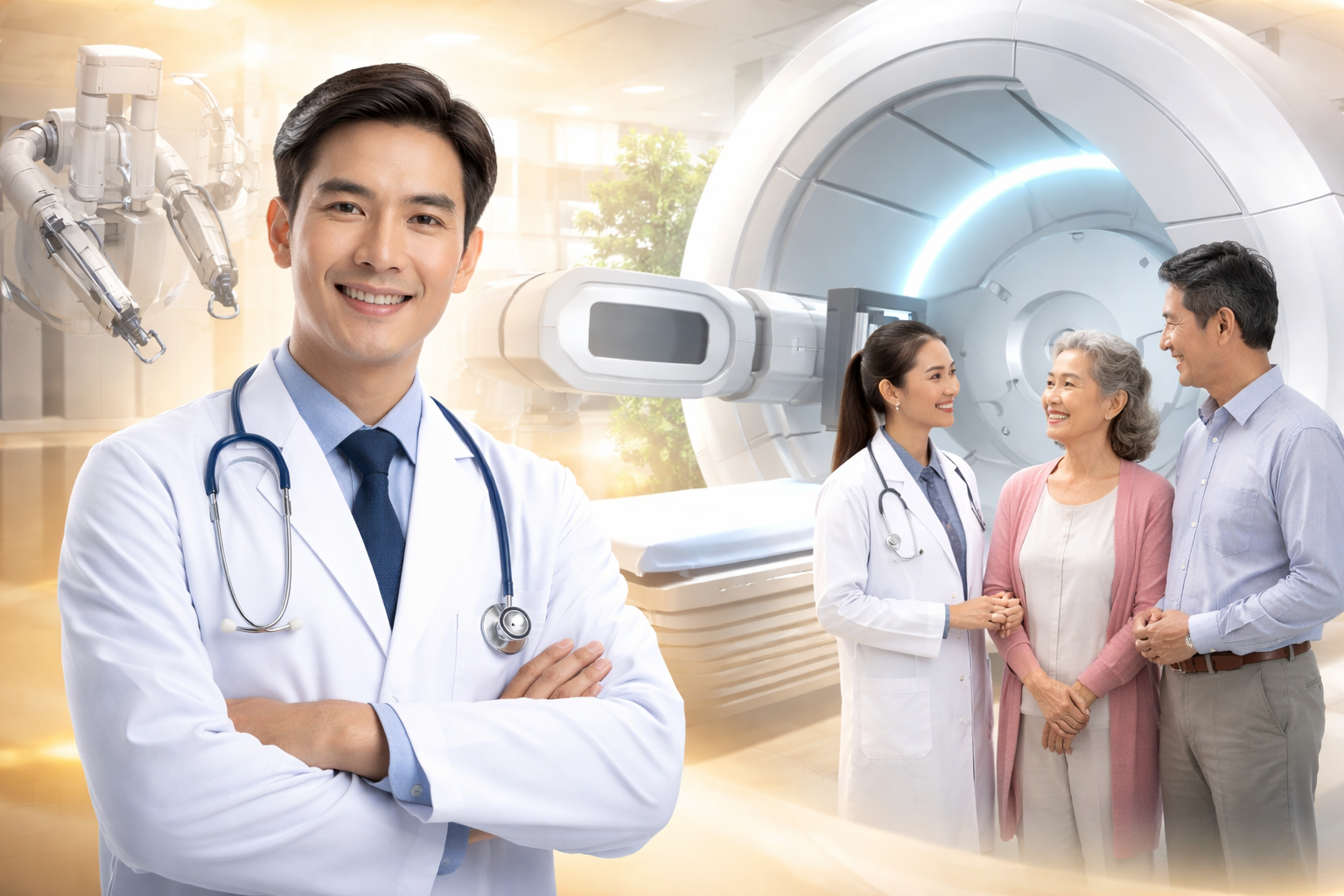 Bác sĩ chuyên khoa ung thư tại Singapore tư vấn cho bệnh nhân trong môi trường bệnh viện hiện đại với công nghệ Proton Therapy và phẫu thuật robot tiên tiến