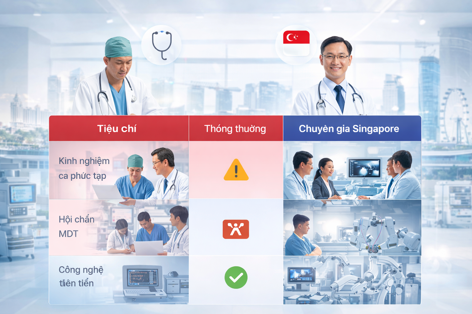So sánh điều trị thông thường và chuyên gia đầu ngành Singapore với kinh nghiệm ca phức tạp, hội chẩn đa chuyên khoa (MDT) và công nghệ y tế tiên tiến