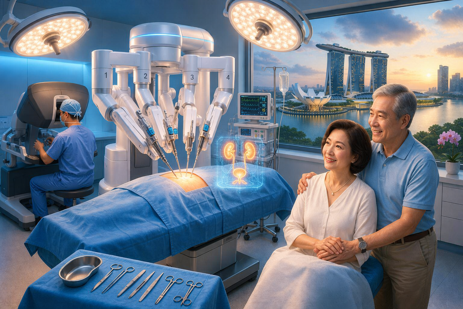 Hệ thống phẫu thuật robot Da Vinci thực hiện mổ ít xâm lấn tại bệnh viện cao cấp Singapore với bác sĩ điều khiển từ bàn console chuyên biệt