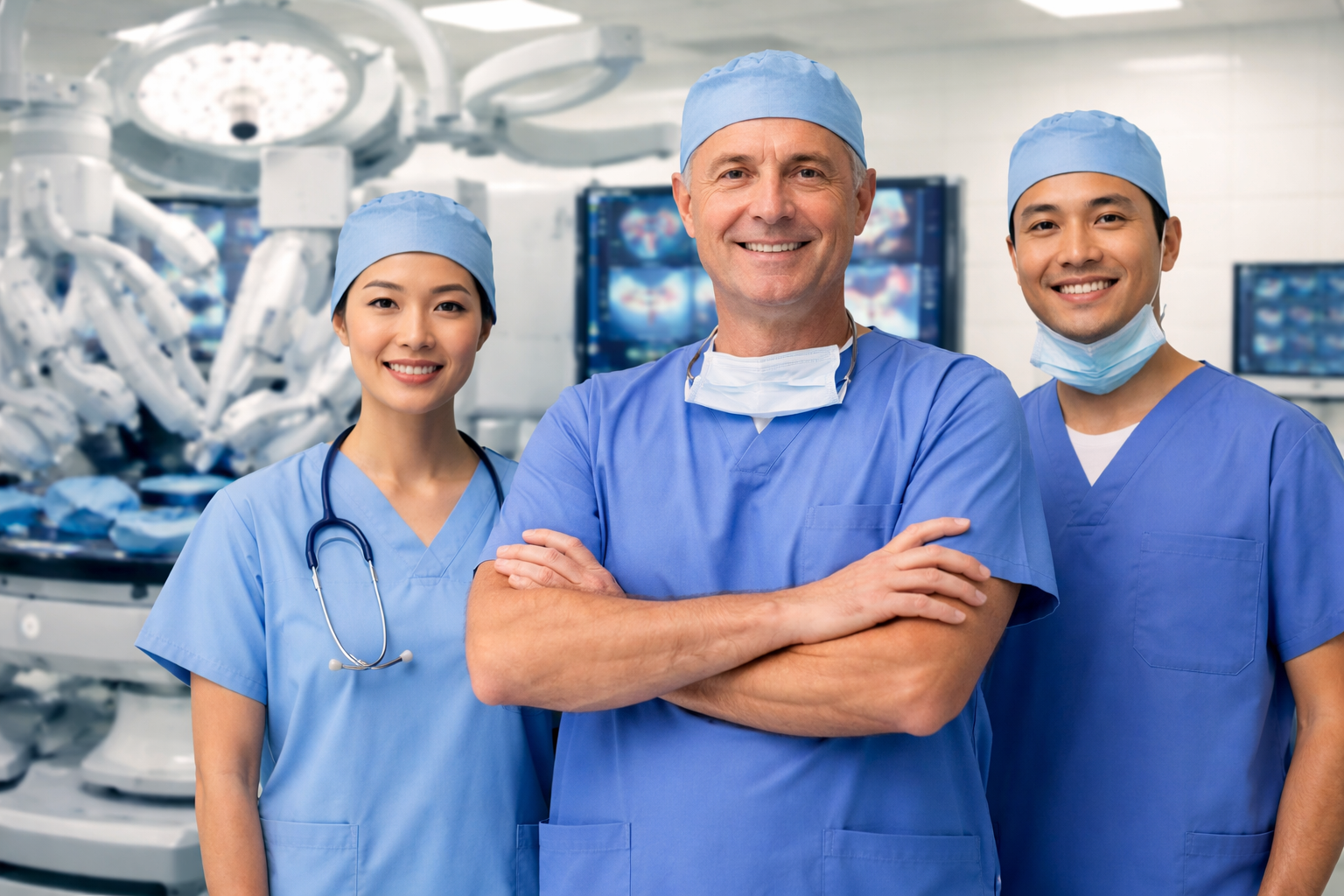 Đội ngũ bác sĩ tim mạch quốc tế thực hiện phẫu thuật tim ít xâm lấn MICS tại bệnh viện Singapore với công nghệ phẫu thuật hiện đại