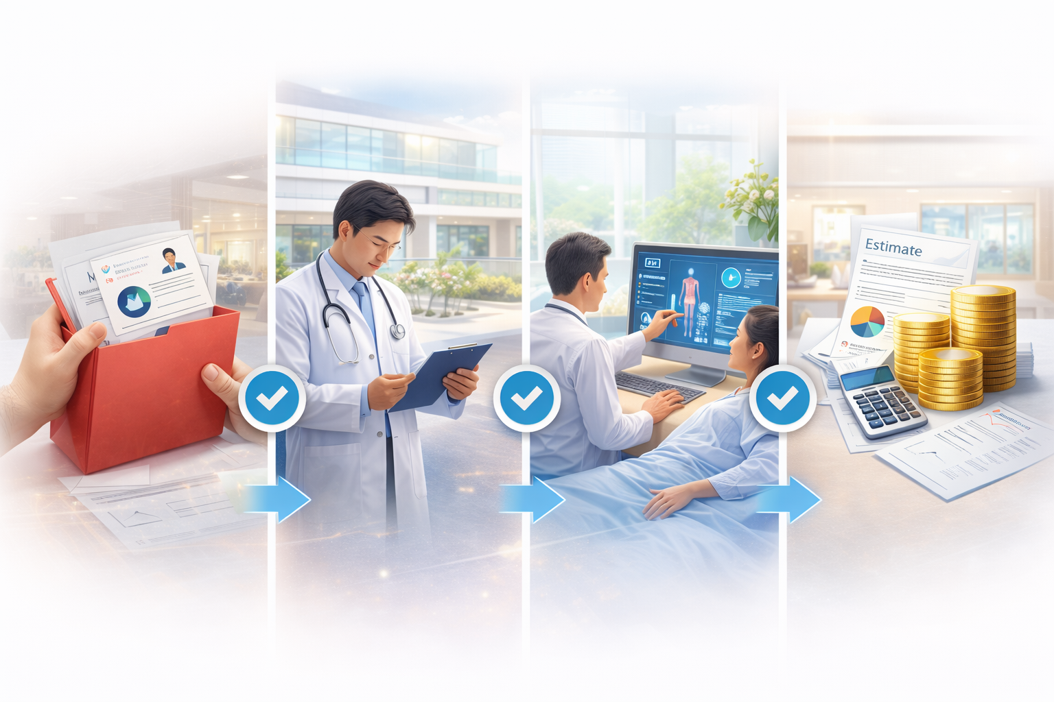 Hình ảnh minh họa quy trình 4 bước để nhận ước tính chi phí điều trị tại Singapore gồm gửi hồ sơ bệnh án, bác sĩ đánh giá và nhận báo giá